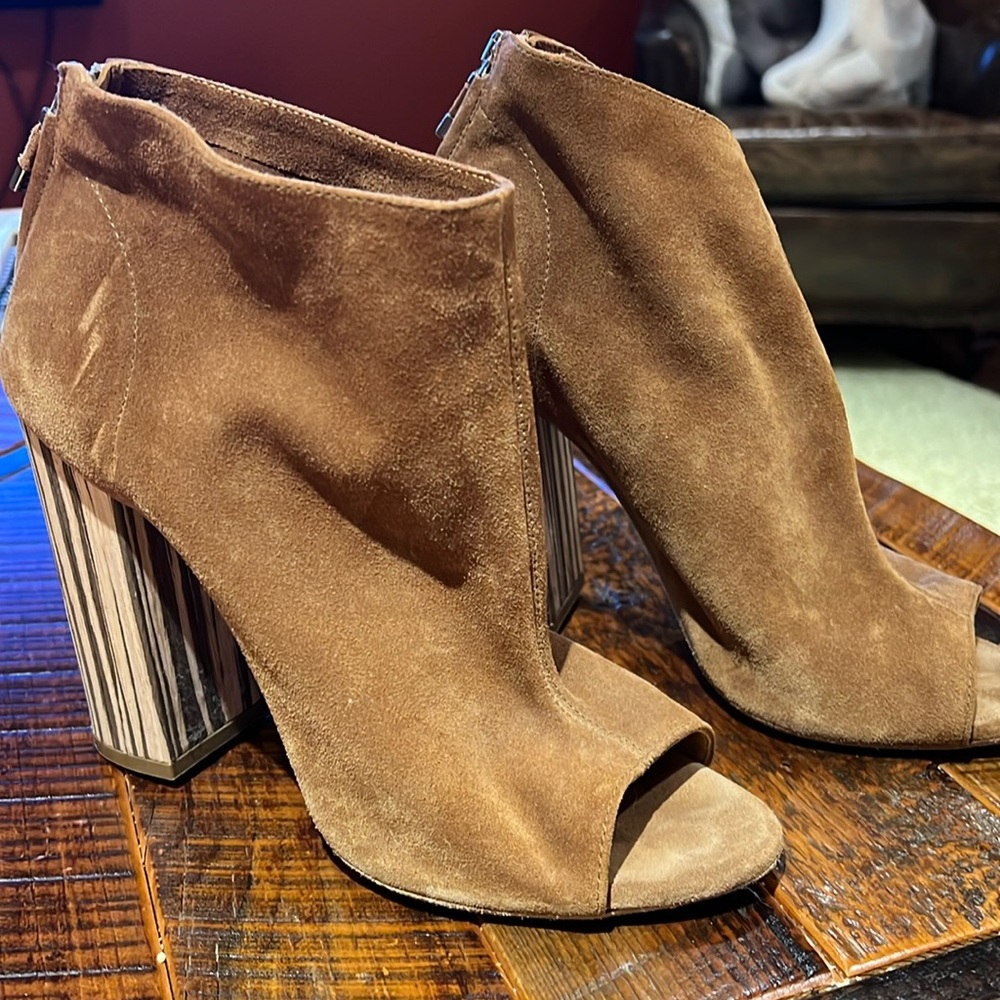 Brown suede open toe booties